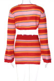 Red Fashion Casual Striped Patchwork V Neck Long Sleeve Two Pieces
