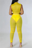 Yellow Fashion Sexy Casual Solid Patchwork See-through O Neck Sleeveless Two Pieces
