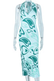 Green Sexy Print Patchwork Halter Dresses