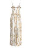White Fashion Sexy Print Backless Spaghetti Strap Long Dress