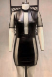 Black Sexy Solid Patchwork Half A Turtleneck One Step Skirt Plus Size Dresses