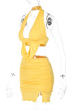 Yellow Fashion Sexy Solid Hollowed Out Backless Halter Sleeveless Two Pieces