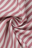 Pink Casual Striped Print Patchwork Buckle Turndown Collar Straight Rompers