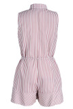 Pink Casual Striped Print Patchwork Buckle Turndown Collar Straight Rompers