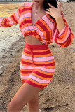 Red Fashion Casual Striped Patchwork V Neck Long Sleeve Two Pieces