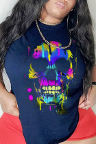 Navy Blue Fashion Street Print Skull Patchwork O Neck T-Shirts