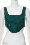 Dark Green Fashion Sexy Patchwork Sequins Backless Square Collar Tops
