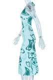 Green Sexy Print Patchwork Halter Dresses