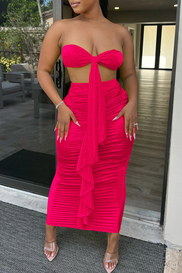 Rose Red Fashion Sexy Solid Patchwork Backless Fold Strapless Sleeveless Two Pieces