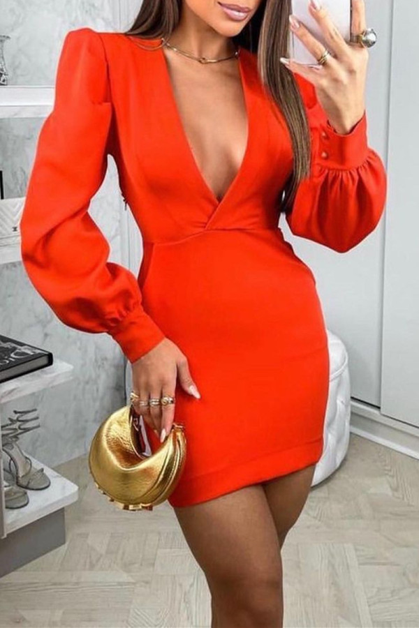 Tangerine Red Fashion Casual Solid Patchwork V Neck Long Sleeve Dresses