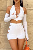 White Fashion Sexy Solid Hollowed Out Backless Halter Long Sleeve Two Pieces