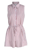 Pink Casual Striped Print Patchwork Buckle Turndown Collar Straight Rompers