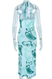 Green Sexy Print Patchwork Halter Dresses