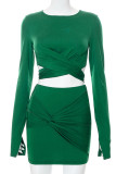 Green Sexy Solid Bandage Patchwork Asymmetrical O Neck Long Sleeve Two Pieces