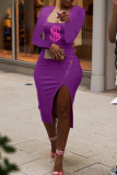 Purple Fashion Casual Print Slit Square Collar Long Sleeve Dresses