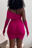 Rose Red Sexy Solid Patchwork Off the Shoulder Pencil Skirt Dresses