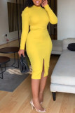 Yellow Fashion Casual Solid Patchwork Slit O Neck Long Sleeve Dresses