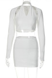 White Fashion Sexy Solid Patchwork V Neck Long Sleeve Three-piece Set