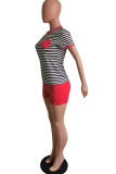 Red Fashion Casual Striped Print Patchwork O Neck Short Sleeve Two Pieces