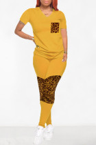 Yellow Fashion Casual Print Leopard Patchwork V Neck Short Sleeve Two Pieces