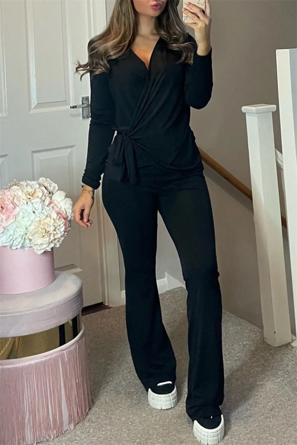 Black Fashion Casual Solid Bandage Patchwork V Neck Long Sleeve Two Pieces