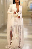 White Fashion Formal Solid Tassel Patchwork V Neck Evening Dress