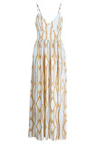 White Fashion Sexy Print Backless Spaghetti Strap Long Dress