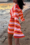 Red Fashion Casual Striped Patchwork V Neck Long Sleeve Two Pieces