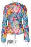 Colour Fashion Casual Print Patchwork Frenulum V Neck Tops