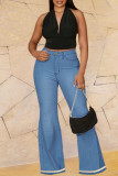 Baby Blue Casual Solid Bandage Patchwork High Waist Denim Jeans