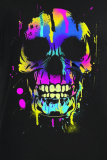 Black Fashion Street Print Skull Patchwork O Neck T-Shirts