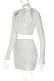 White Fashion Sexy Solid Patchwork V Neck Long Sleeve Three-piece Set
