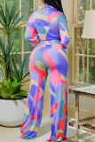 Light Blue Fashion Casual Print Bandage V Neck Long Sleeve Two Pieces
