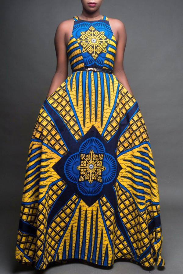 Yellow Blue Fashion Vintage Print Patchwork O Neck Sleeveless Dress