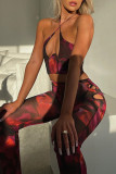 Burgundy Sexy Print Bandage Patchwork Backless Asymmetrical Halter Sleeveless Two Pieces