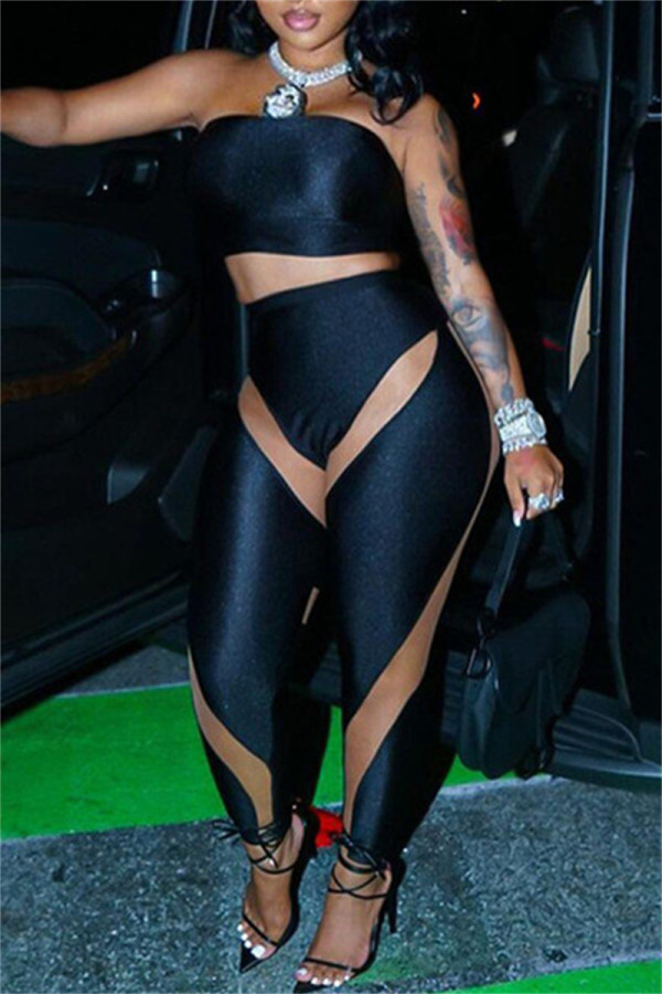 Black Fashion Sexy Solid Patchwork See-through Backless Strapless Sleeveless Two Pieces