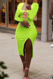 Fluorescent Green Fashion Casual Print Slit Square Collar Long Sleeve Dresses