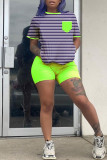Fluorescent Green Fashion Casual Striped Print Patchwork O Neck Short Sleeve Two Pieces