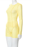 Yellow Fashion Casual Striped Print Patchwork Asymmetrical O Neck Long Sleeve Two Pieces