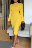 Yellow Fashion Casual Solid Patchwork Slit O Neck Long Sleeve Dresses