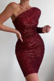 Burgundy Fashion Sexy Patchwork Sequins Backless Oblique Collar Long Sleeve Dresses