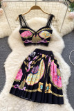 Pink Fashion Sexy Print Patchwork Backless Spaghetti Strap Sleeveless Two Pieces
