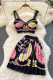 Black Fashion Sexy Print Patchwork Backless Spaghetti Strap Sleeveless Two Pieces