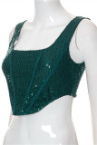 Dark Green Fashion Sexy Patchwork Sequins Backless Square Collar Tops