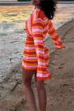 Red Fashion Casual Striped Patchwork V Neck Long Sleeve Two Pieces