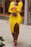 Yellow Fashion Casual Print Slit Square Collar Long Sleeve Dresses