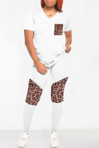 White Fashion Casual Print Leopard Patchwork V Neck Short Sleeve Two Pieces