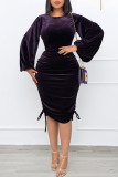 Dark Purple Fashion Casual Solid Frenulum O Neck Long Sleeve Dresses