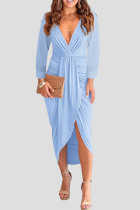 Light Blue Fashion Casual Solid Patchwork Long Sleeve Dresses
