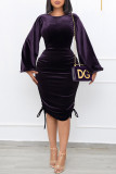 Dark Purple Fashion Casual Solid Frenulum O Neck Long Sleeve Dresses